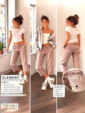 Element Plaid Cropped Pants Size 5–Preppy Skater Girl Capris, Greyish/Tan Check